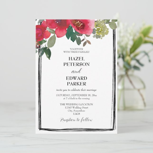 Invitación Elegante acuarela Rosa Rojo Boda floral (Anverso de pie)