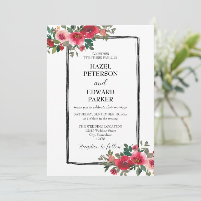 Invitación Elegante acuarela Rosa Rojo Boda floral (Anverso de pie)