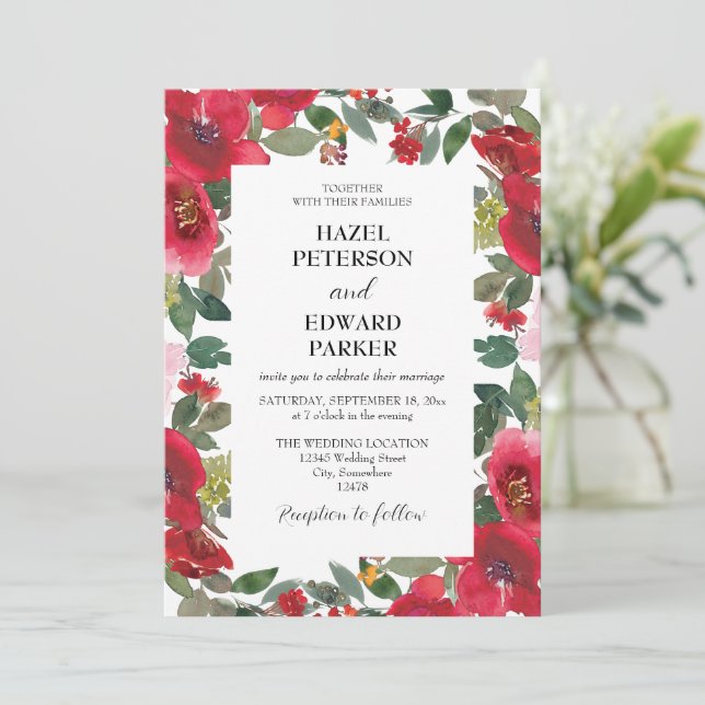 Invitación Elegante acuarela Rosa Rojo Boda floral (Anverso de pie)