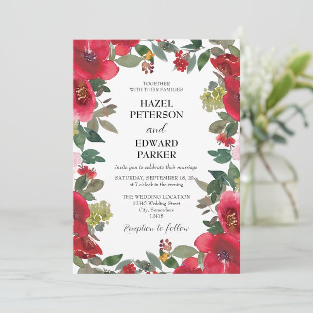 Invitación Elegante acuarela Rosa Rojo Boda floral (Anverso de pie)