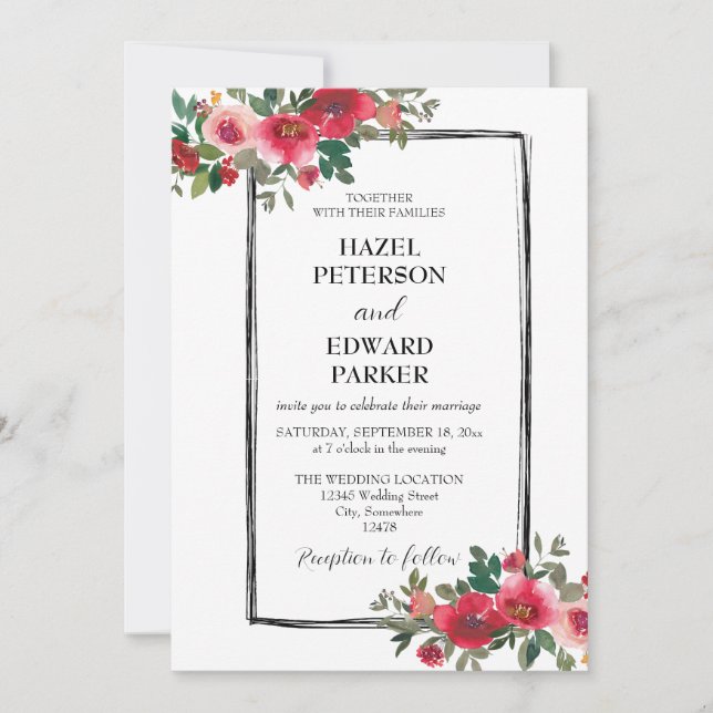Invitación Elegante acuarela Rosa Rojo Boda floral (Anverso)