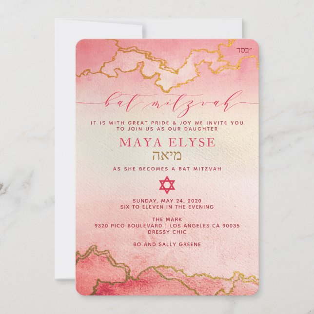 Invitación Elegante acuarela rosa rojo Ombre Ombre Gold Bat M (Anverso)