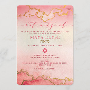 Invitación Elegante acuarela rosa rojo Ombre Ombre Gold Bat M
