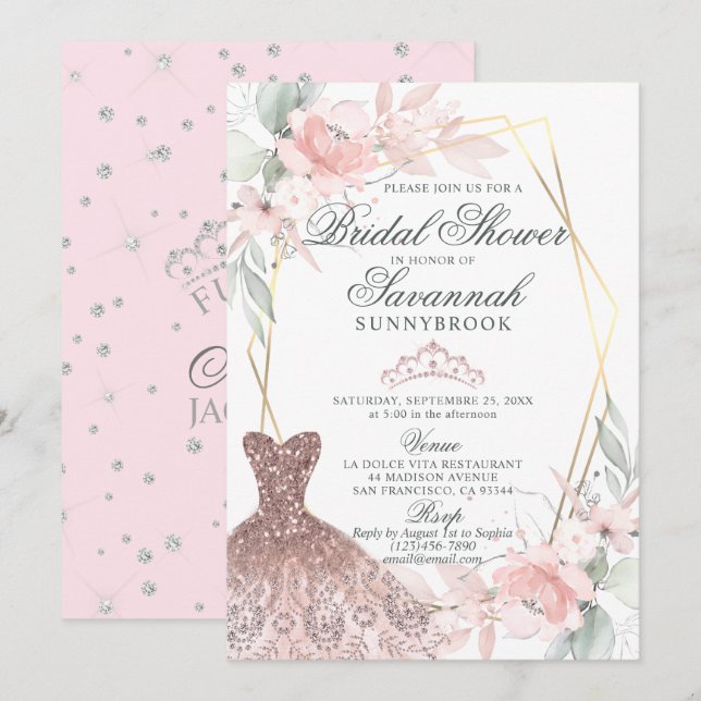 Invitación Elegante acuarela rosa rosa ducha de novia (Anverso / Reverso)