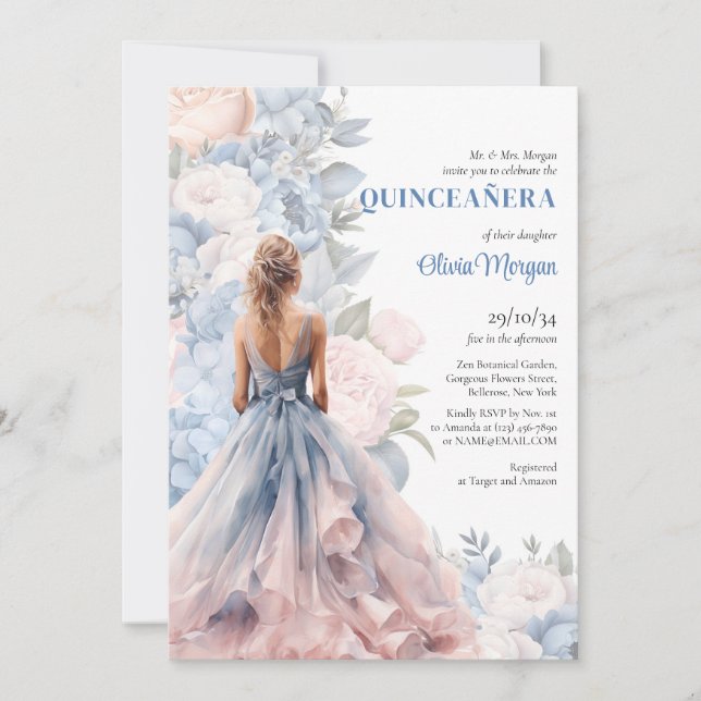 Invitación Elegante acuarela rosa y azul floral vestido de pe (Anverso)
