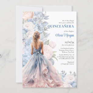Invitación Elegante acuarela rosa y azul floral vestido de pe