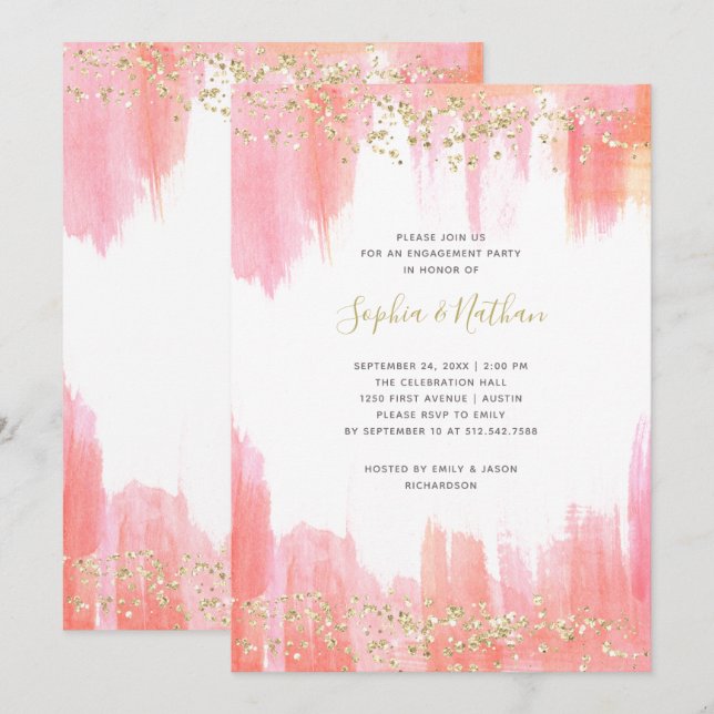 Invitación Elegante acuarela rosa y fiesta de compromiso de o (Anverso / Reverso)