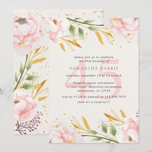Invitación Elegante acuarela Rosa y Oro 45ª fiesta de cumplea (Anverso / Reverso)