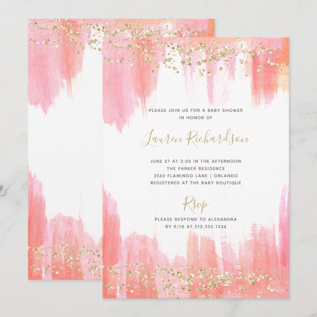 Invitación Elegante acuarela rosa y oro | Baby Shower (Anverso / Reverso)