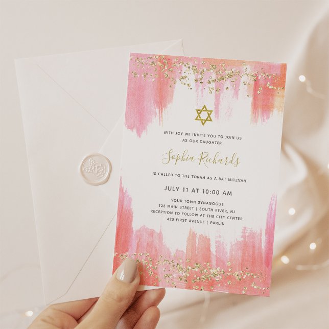Invitación Elegante acuarela rosa y oro | Bat Mitzvah (Subido por el creador)