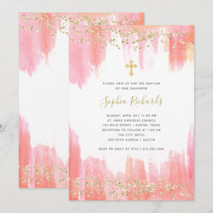 Invitación Elegante acuarela rosa y oro Bautismo