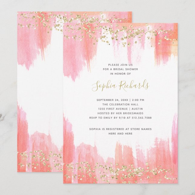 Invitación Elegante acuarela rosa y oro | Bridal Shower (Anverso / Reverso)
