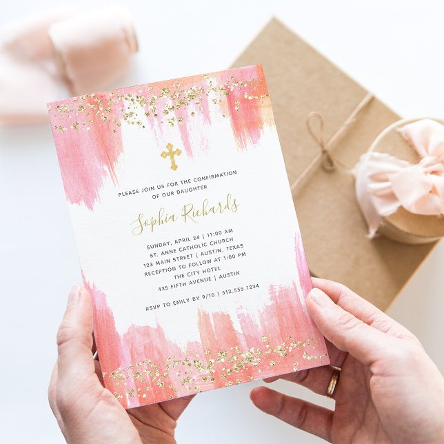 Invitación Elegante acuarela rosa y oro | Confirmación (Subido por el creador)
