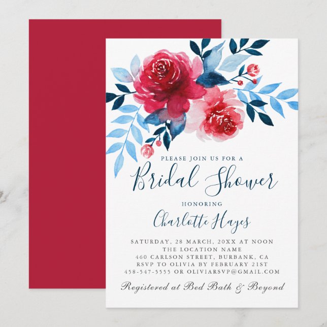 Invitación Elegante acuarela Roses Roses Roses Floral Bridal  (Anverso / Reverso)