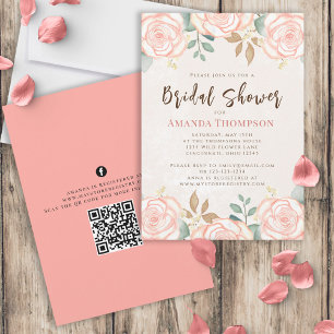 Invitación Elegante acuarela Rubor Floral Foliage QR Código