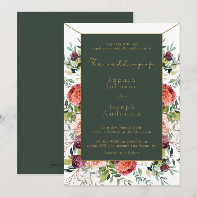 Invitación Elegante acuarela Rubor Floral Greenery boda (Anverso / Reverso)