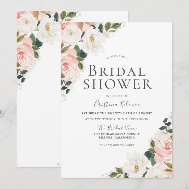 Invitación Elegante acuarela Rubor Floral Leaf Bridal Shower (Anverso / Reverso)