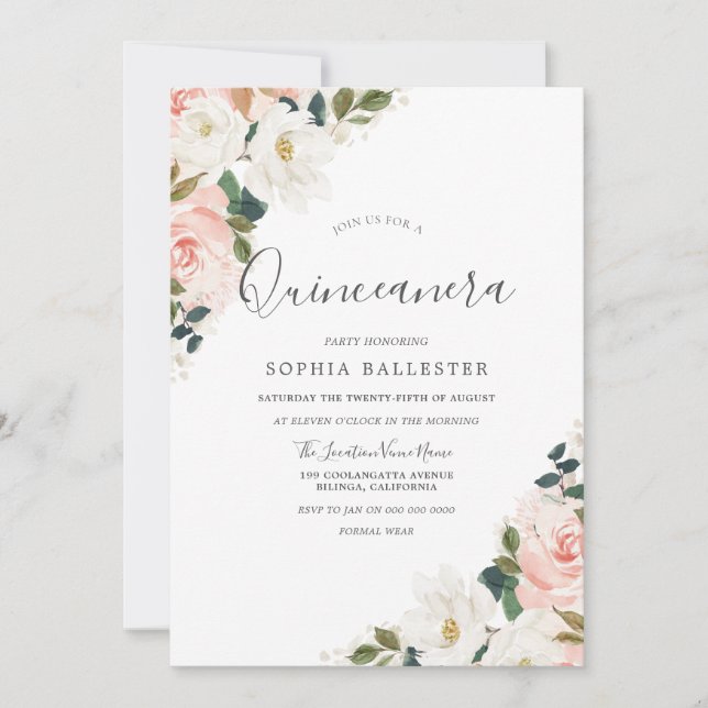 Invitación Elegante acuarela Rubor Floral Leaf Quinceanera (Anverso)