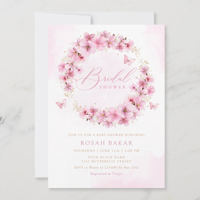 Invitación Elegante acuarela Rubor Floral rosa ducha de novia (Anverso)