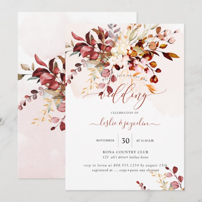 Invitación Elegante acuarela Rustic Fall Eucalyptus (Anverso / Reverso)