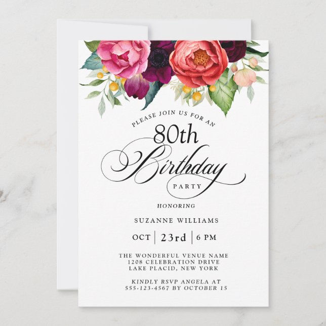 Invitación Elegante acuarela rústica Floral 80 cumpleaños (Anverso)