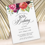 Invitación Elegante acuarela rústica Floral 80 cumpleaños<br><div class="desc">La invitación a la fiesta de cumpleaños 80, de estilo boho, maravillosamente feminista y rústico, tiene una suntuosa paleta de colores ricos en terracota, melocotón profundo, rojo burdeos, morado, verde azulado y amarillo. Los elegantes elementos botánicos acuáticos presentan un toque ecológico inspirado en la naturaleza y hacen que la invitación...</div>