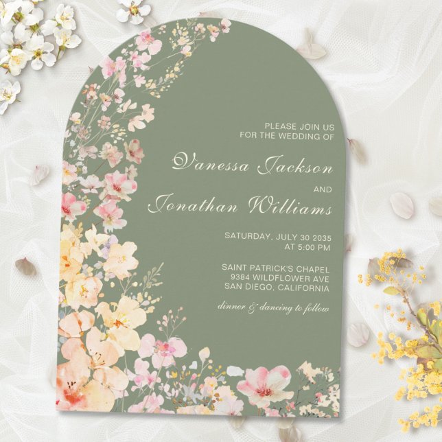 Invitación Elegante acuarela Sage Green Wildflowers Boda (Subido por el creador)