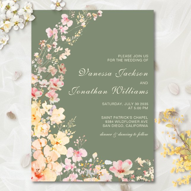Invitación Elegante acuarela Sage Green Wildflowers Boda (Subido por el creador)