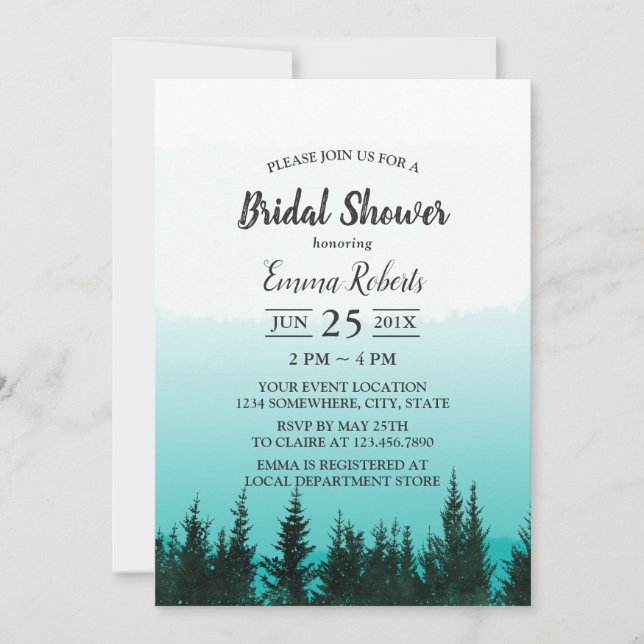 Invitación Elegante acuarela Selva Pine Trees Bridal Shower (Anverso)