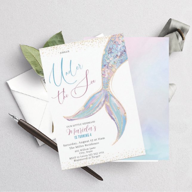 Invitación Elegante Acuarela Sirenita Bajo 4 Nacimientos (Subido por el creador)