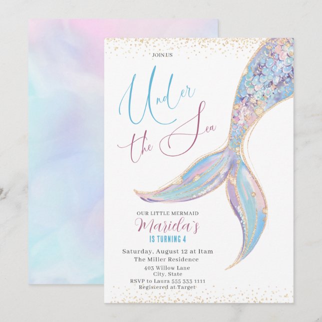 Invitación Elegante Acuarela Sirenita Bajo 4 Nacimientos (Anverso / Reverso)