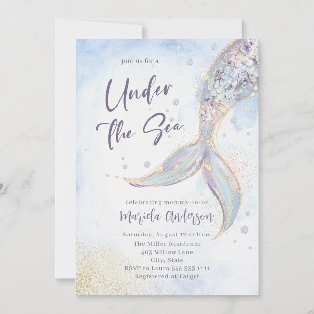Invitación Elegante acuarela Sirenita bajo el mar Bebé (Anverso)