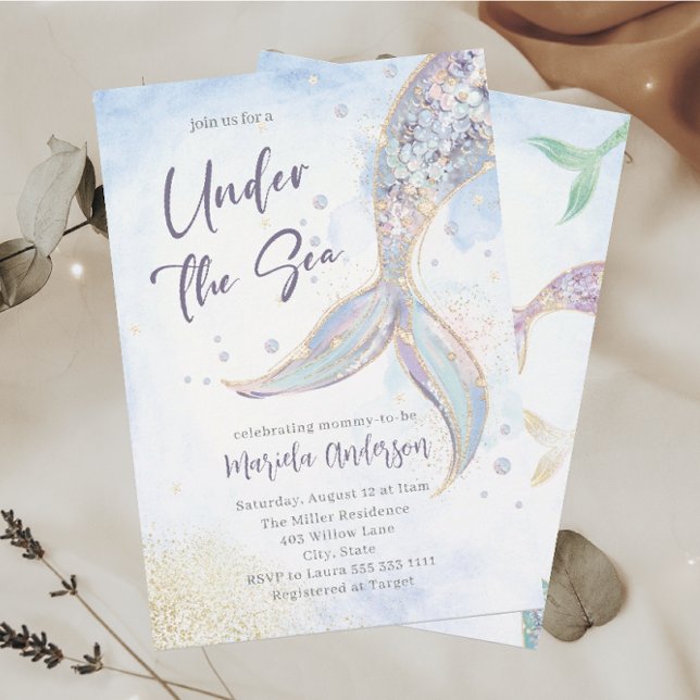 Invitación Elegante acuarela Sirenita bajo el mar Bebé (Subido por el creador)