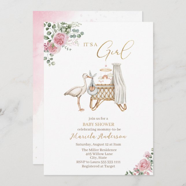 Invitación Elegante acuarela Stork Baby Baby Shower (Anverso / Reverso)