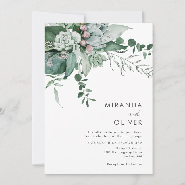 Invitación Elegante acuarela Suculenta el Boda verde (Anverso)