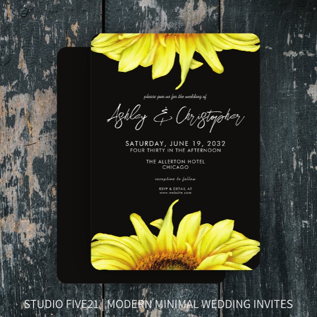 Invitación Elegante acuarela Sunflower Boda negro (Subido por el creador)