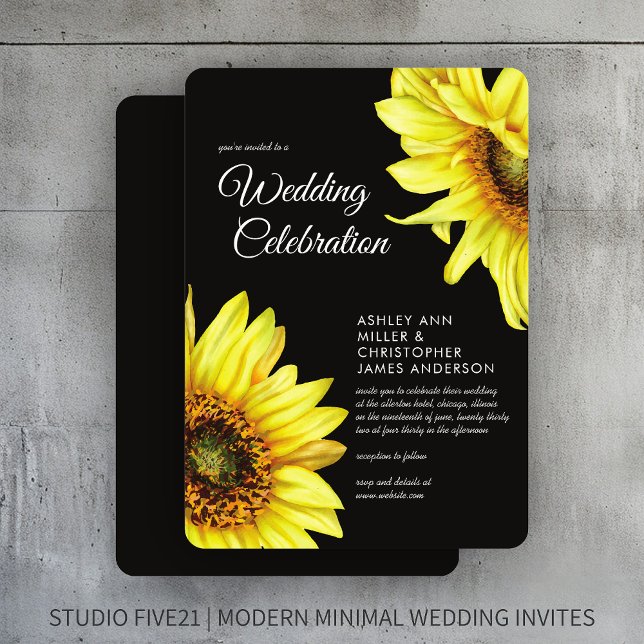 Invitación Elegante acuarela Sunflower Boda negro (Subido por el creador)