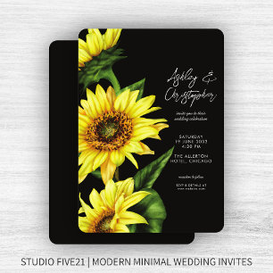 Invitación Elegante acuarela Sunflower Boda negro
