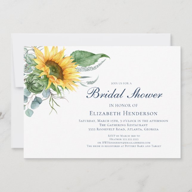 Invitación Elegante acuarela Sunflower Bridal Shower (Anverso)