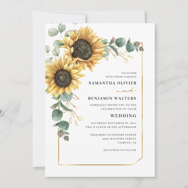 Invitación Elegante acuarela Sunflower Eucalyptus Boda (Anverso)