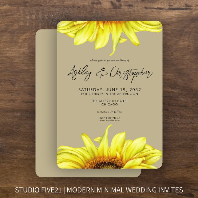 Invitación Elegante acuarela Sunflower Khaki Boda (Subido por el creador)