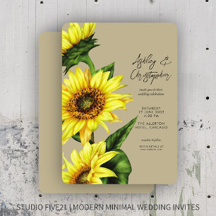 Invitación Elegante acuarela Sunflower Khaki Boda