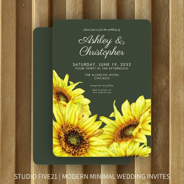 Invitación Elegante acuarela Sunflower Moss Green Boda (Subido por el creador)