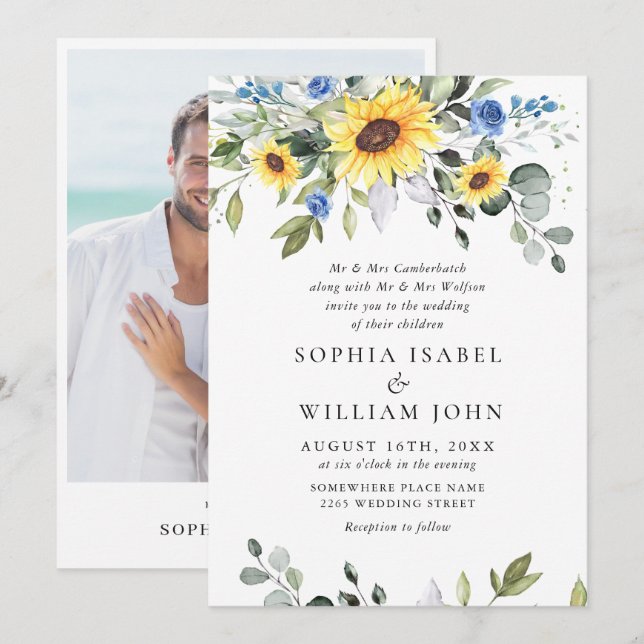 Invitación Elegante acuarela Sunflowers Eucalyptus Boda (Anverso / Reverso)