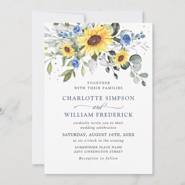 Invitación Elegante acuarela Sunflowers Eucalyptus Boda (Anverso)