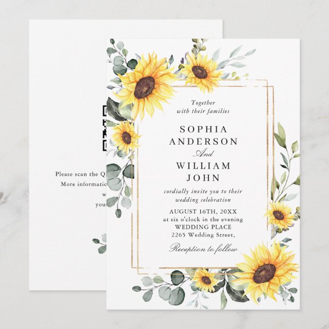 Invitación Elegante acuarela Sunflowers Eucalyptus Boda (Anverso / Reverso)