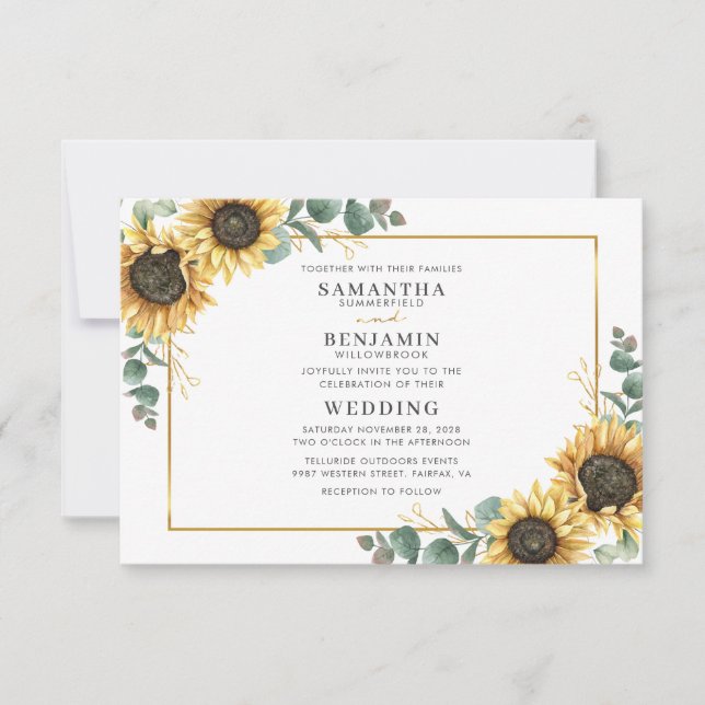 Invitación Elegante acuarela Sunflowers Eucalyptus Boda (Anverso)
