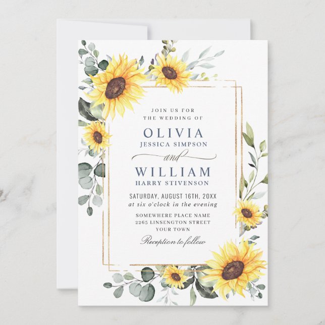 Invitación Elegante acuarela Sunflowers Eucalyptus Boda (Anverso)