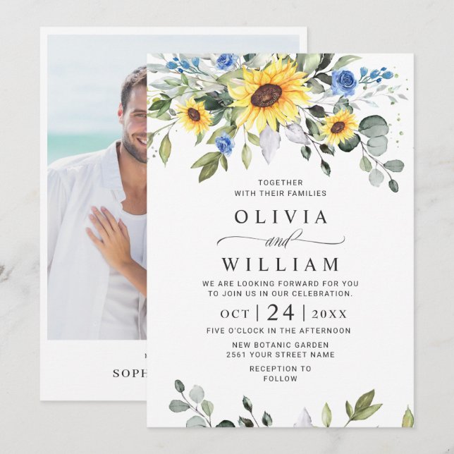 Invitación Elegante acuarela Sunflowers Eucalyptus Boda (Anverso / Reverso)