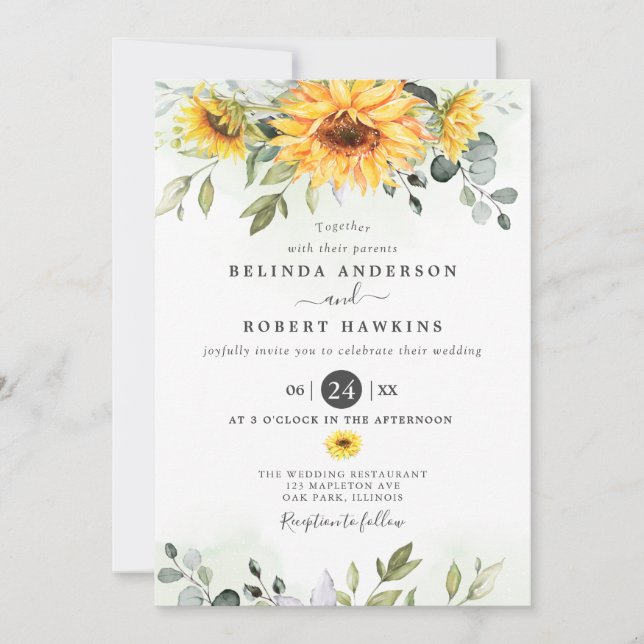 Invitación Elegante acuarela Sunflowers Eucalyptus Boda (Anverso)